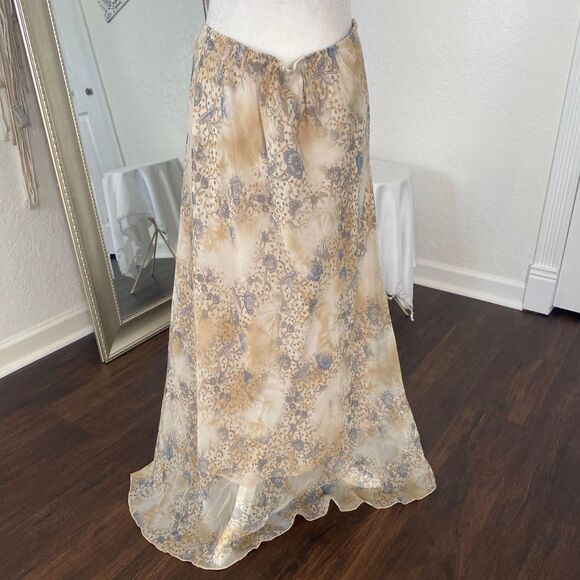 RAG Romantic Whimsical Cream Tan Mesh Blue Floral Maxi Skirt Plus Size 1X - Picture 6 of 8
